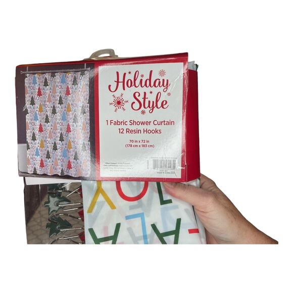 Holiday Style New Multi Color Trees Fabric Shower Curtain Set 12 Resin Hooks - Picture 3 of 3